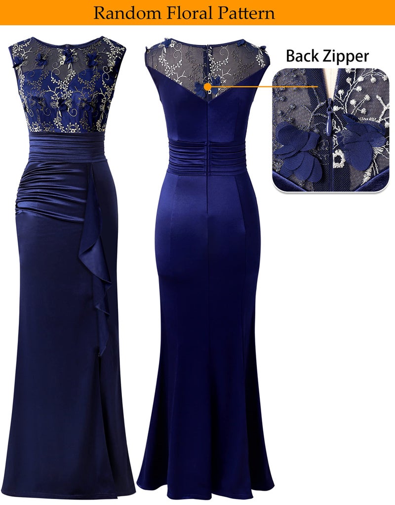 VFSHOW Womens Blue Floral Embroidered Formal Ruched Ruffles High Split Evening Gown Prom Wedding Party Maxi Long Dress 3708 BLU XS - Image 4